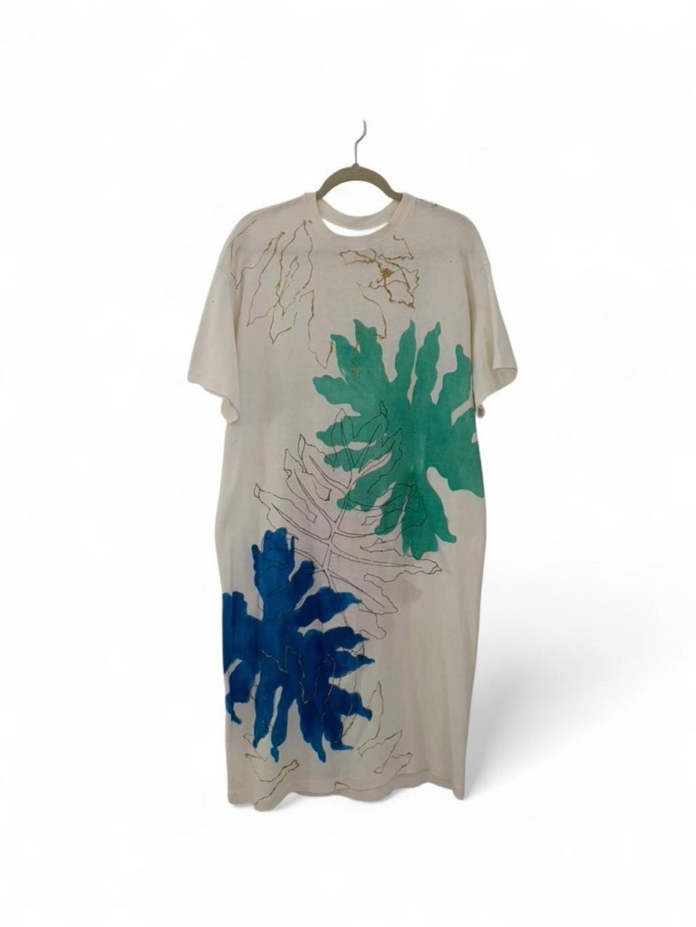 Abstract Leaf Print T-Shirt Dress in Cream with Blue, Teal, and Pink